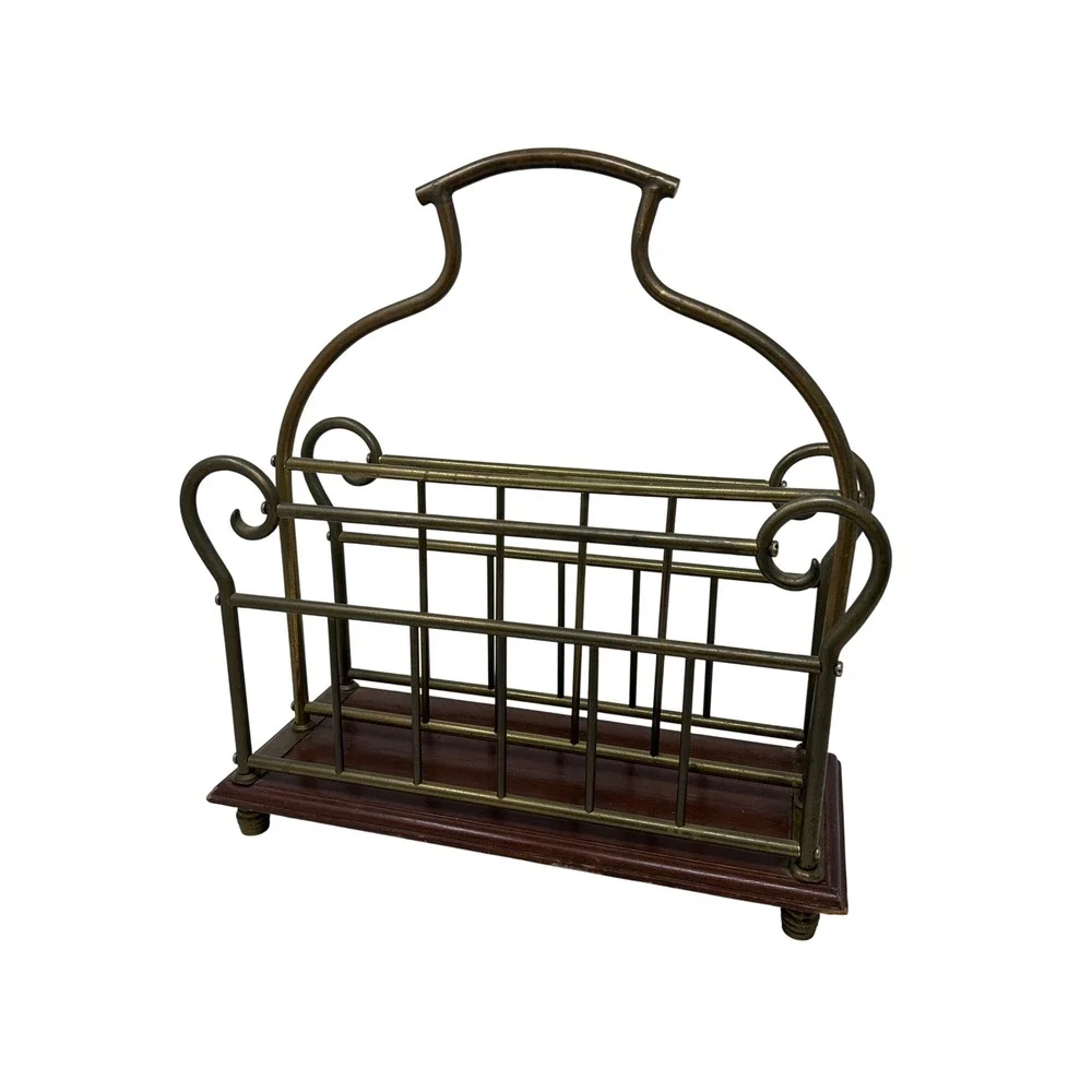 Vintage Brass Magazine Rack Wood Base Scroll Handle Double Slot Record Holder‎